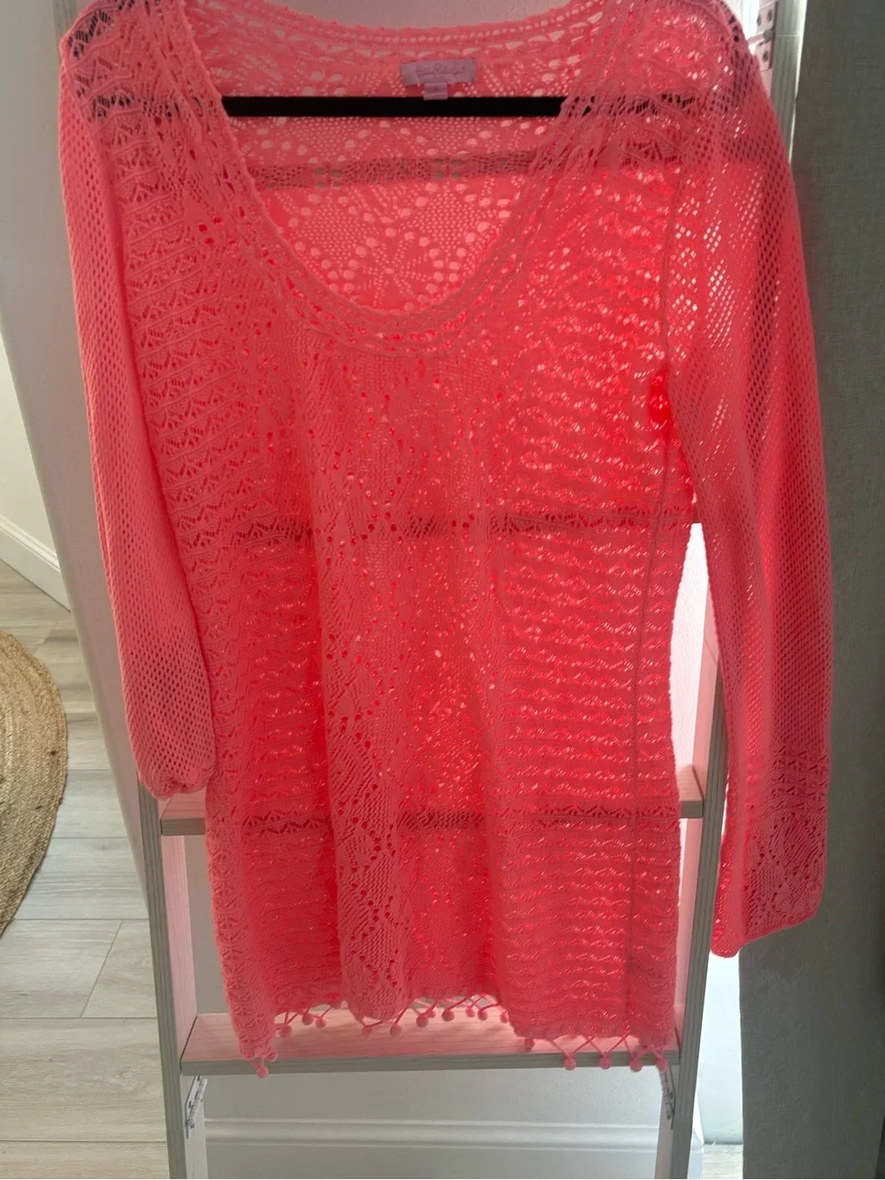 Lilly Pulitzer Coral Pink Crochet Long-Sleeve Swim Coverup